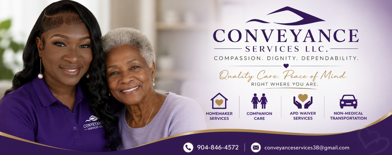 A Conveyance Services caregiver with a smiling senior client